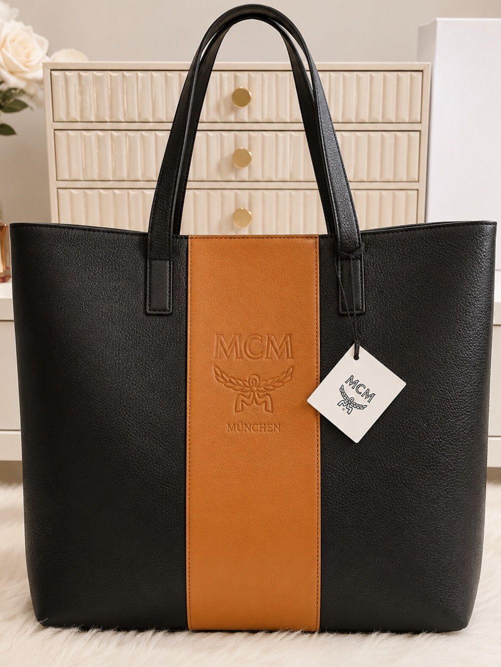 MCM Black & Cognac Leather Center-Stripe Tote